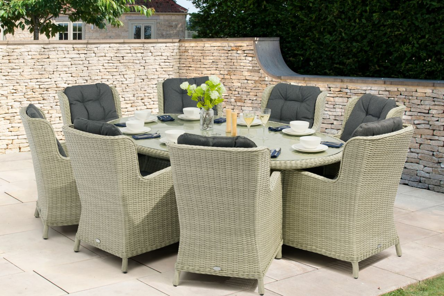 CHEDWORTH 8 SEAT ELLIPTICAL DINING SET DOVE GREY
