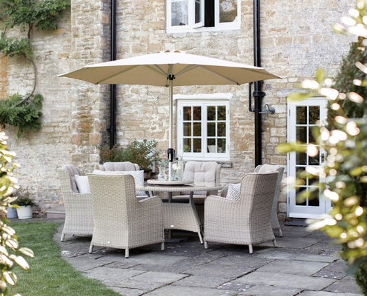 Chedworth Sandstone Rattan 6 Seat Round Dining Set with Lazy Susan, Parasol & Base