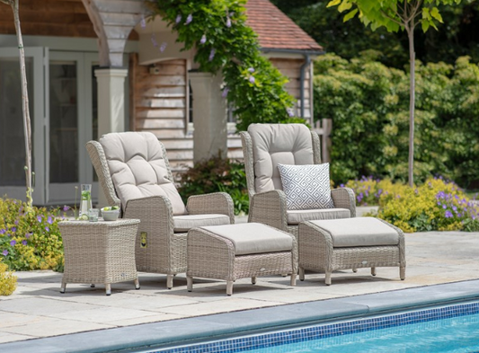 Chedworth Sandstone Rattan Recliner Set with 2 Footstools & Side Table
