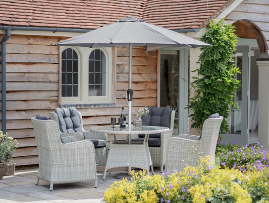 Chedworth Dove Grey Rattan 4 Seat Round Dining Set with Parasol & Base