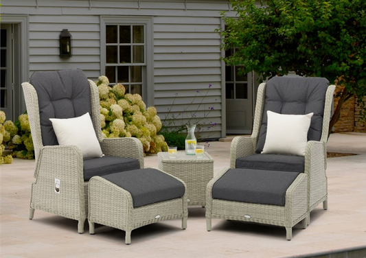 Chedworth Dove Grey Rattan Recliner Set with 2 Footstools & Side Table