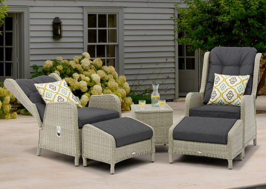Chedworth Dove Grey Rattan Recliner Set with 2 Footstools & Side Table