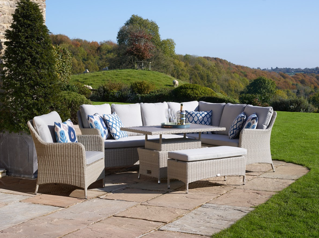 Tetbury Nutmeg Modular Sofa with Mini Adjustable Casual Dining Table, bench & stool